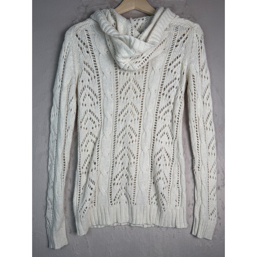 Moth Anthropologie Hooded Cardigan Womens Small Ivory Wool Angora Pointelle Knit - Picture 8 of 9